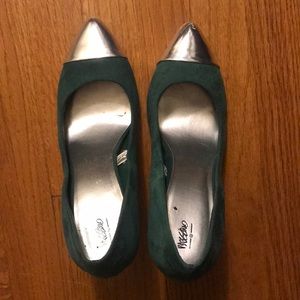 Green suede silver capped heels